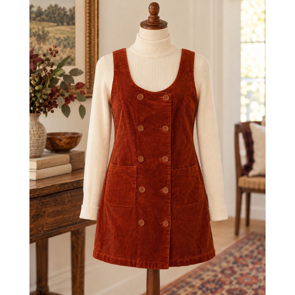 ModCloth Rust Burnt Orange Corduroy Pinafore Jumper Dress Large Retro 70s